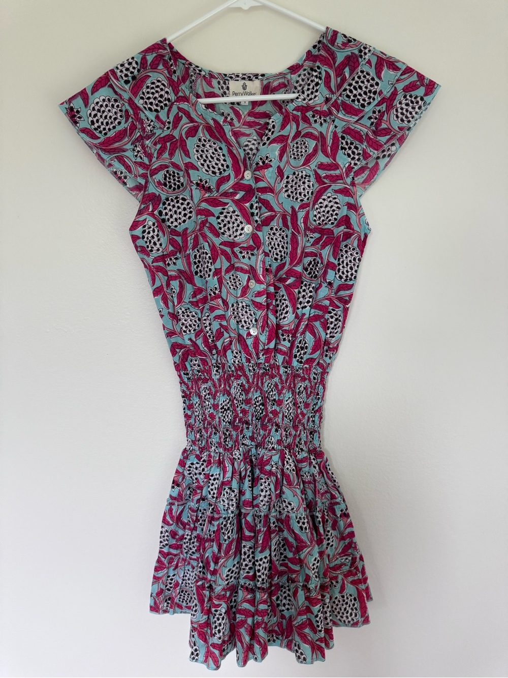 Perry Walker Collective Jenny Ruffle Mini Dress Pink Blue size 1 Small